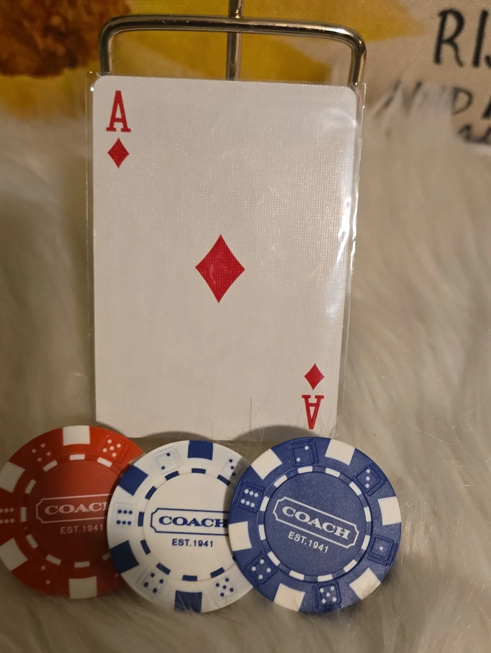 COACH Poker Chip Set with Blue, White & Red Chips 3 Chips And 1 Card
